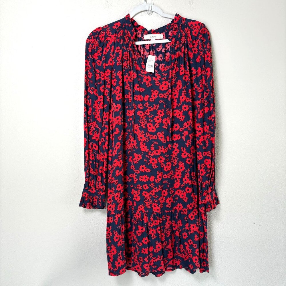 Loft Flounce Dress Size M Blue Red Floral Long Sleeve Ruffle Tie‎ Neck NWT